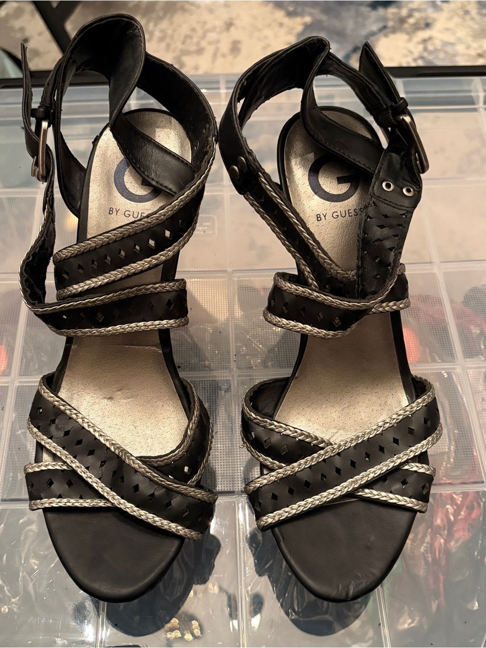 G by Guess Black Sandals with Silver Braided Trim  0009